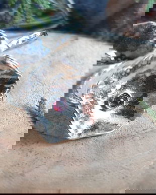 Inel reglabil din argint 925 si granat, crenguta cu floare si frunzulita