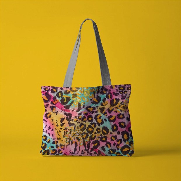 Geanta Handmade Tote Fatty Captusit, Mulewear, Animal Print Leopard Multicolor, Multicolor, 37x45 cm