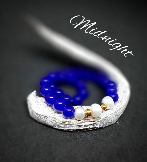 REZERVAT Brățară elastică cu jad albastru-marin, perle de cultură și mărgelele gold plated