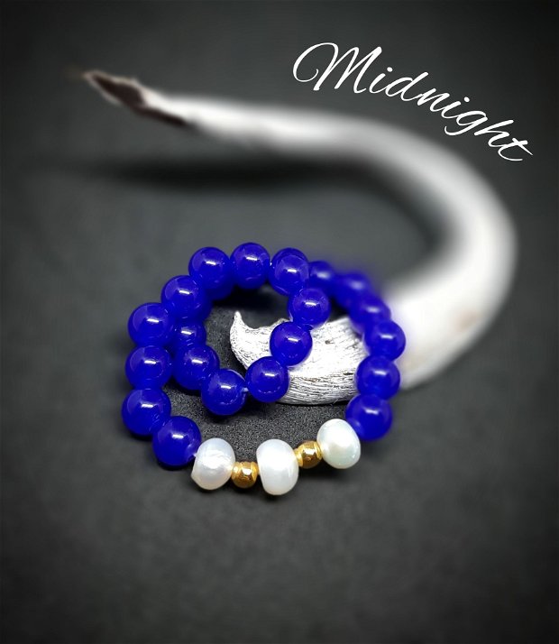 REZERVAT Brățară elastică cu jad albastru-marin, perle de cultură și mărgelele gold plated