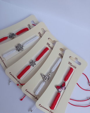 Brățări împletite șnur Alb Roșu cu charm-uri metalice , set 5