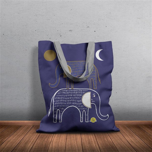 Geanta Handmade Tote Basic, Desen Abstract 2 Elefanti, Multicolor, 43x37 cm