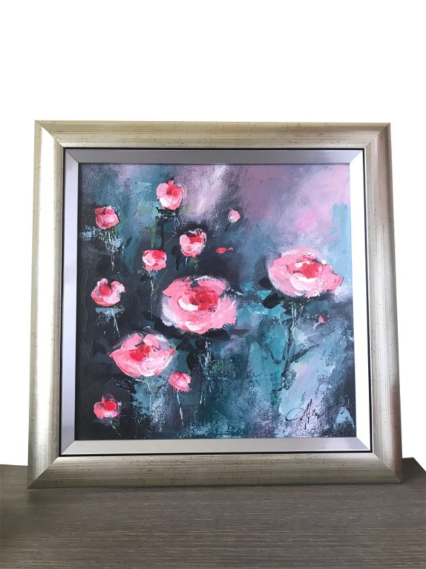 Tablou " Trandafiri", pictat manual in culori acrilice, Pictura cu flori