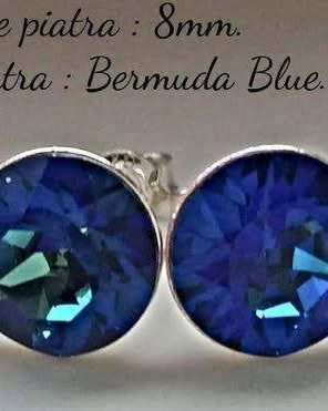 Cercei argint 925 cu piatra Swarovski Chaton 8mm Bermuda Blue