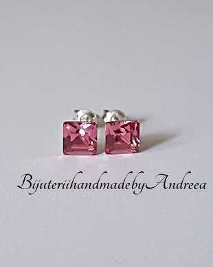 Cercei argint 925 cu piatra Swarovski Fancy Square 6mm Rose