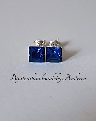 Cercei argint 925 cu piatra Swarovski Fancy Square 6mm Capri Blue