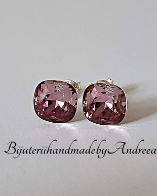 Cercei argint 925 cu piatra Swarovski Square 8mm Antique Pink