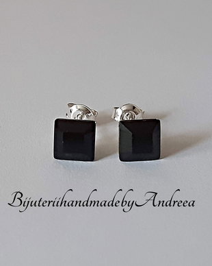 Cercei argint 925 cu piatra Swarovski Fancy Square 6mm Jet