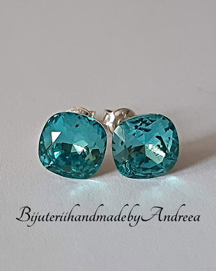 Cercei argint 925 cu piatra Swarovski Square 8mm Light Turquoise