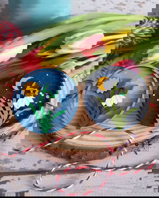 Brosa martisor ghiocel 3D, martisor ghiocel si soare, martisor ghiocel si luna, brosa ghiocel lemn, martisor pictat ghiocel, martisoare ghiocei, brose ghiocei