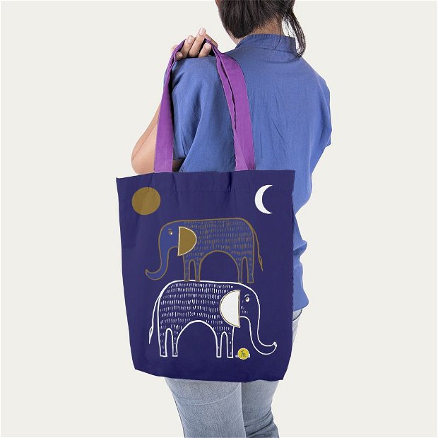 Geanta Handmade Tote Liner cu Captuseala, Desen Abstract 2 Elefanti, Multicolor, 45x37 cm