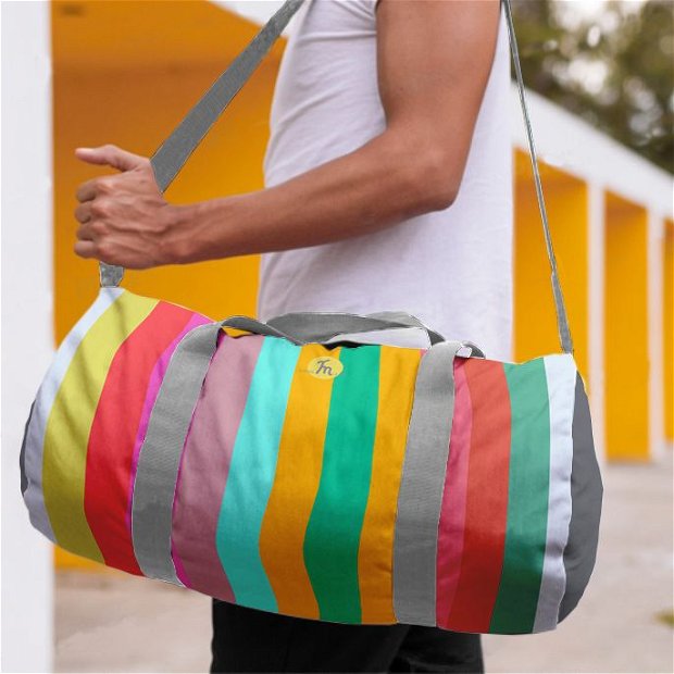 Geanta Sport Fitness Handmade, Gym Duffle Bag Original Mulewear, Abstract Dungi Orizontale Colorate, Horizontally Colored, Multicolor, 22 L