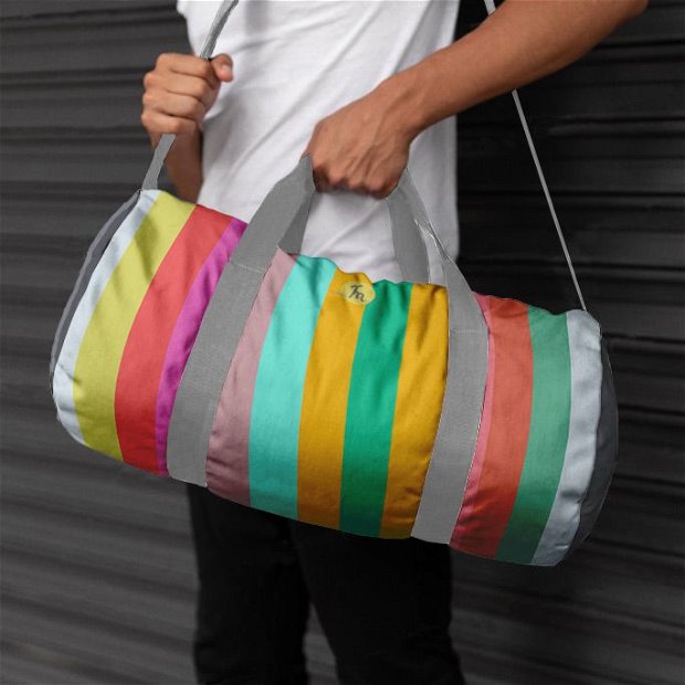Geanta Sport Fitness Handmade, Gym Duffle Bag Original Mulewear, Abstract Dungi Orizontale Colorate, Horizontally Colored, Multicolor, 22 L