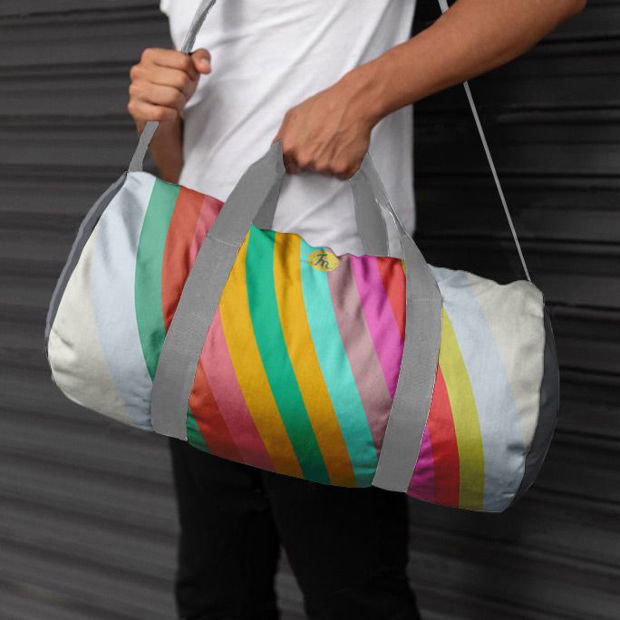 Geanta Sport Fitness Handmade, Gym Duffle Bag Original Mulewear, Abstract Dungi Optimiste, Optimistic Stripes, Multicolor, 22 L