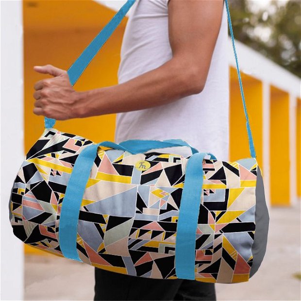Geanta Sport Fitness Handmade, Gym Duffle Bag Original Mulewear, Geometric Abstract Metri Patrati, Square Meter, Multicolor, 22 L