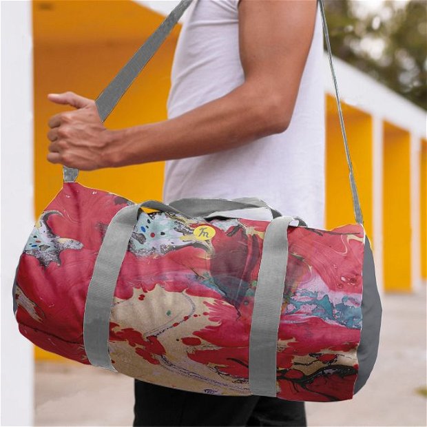 Geanta Sport Fitness Handmade Gym Duffle Bag Mulewear, Abstract Rosu Red Alert, Multicolor, 22 L