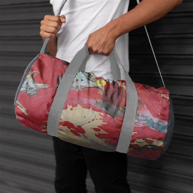 Geanta Sport Fitness Handmade Gym Duffle Bag Mulewear, Abstract Rosu Red Alert, Multicolor, 22 L