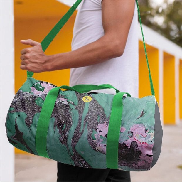 Geanta Sport Fitness Handmade Gym Duffle Bag Mulewear, Abstract Carbune Charcoal Factory, Multicolor, 22 L