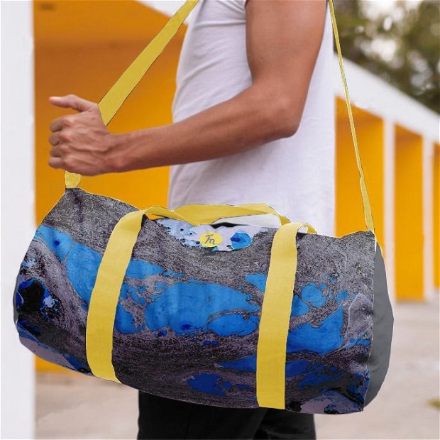 Geanta Sport Fitness Handmade Gym Duffle Bag Mulewear, Abstract Albastru si Negru Earth from Space, Multicolor, 22 L
