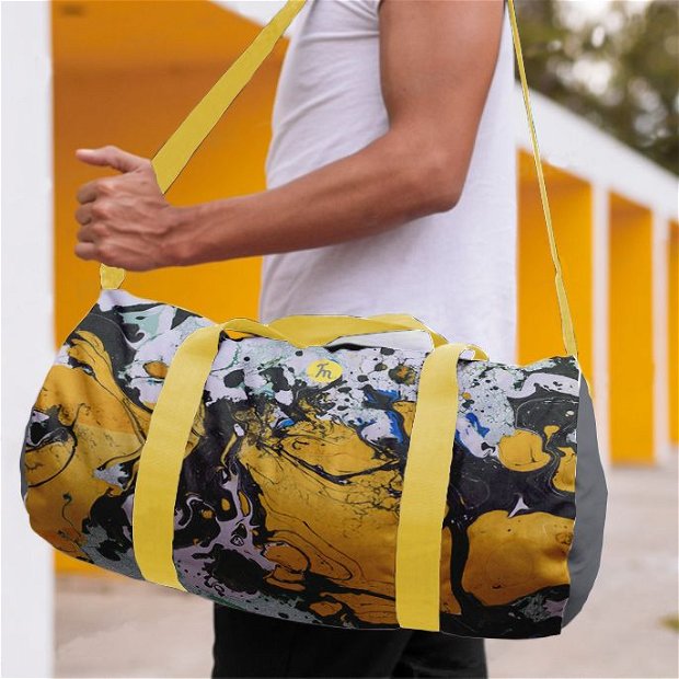 Geanta Sport Fitness Handmade Gym Duffle Bag Mulewear, Abstract Fum Galben Smokey Yellow, Multicolor, 22 L