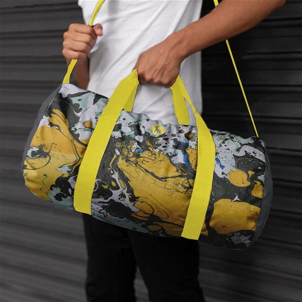 Geanta Sport Fitness Handmade Gym Duffle Bag Mulewear, Abstract Fum Galben Smokey Yellow, Multicolor, 22 L