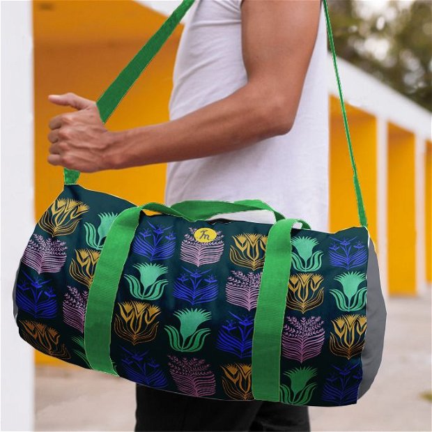Geanta Sport Fitness Handmade Gym Duffle Bag Mulewear, Botanic Flori de pe Marte Flowers from Mars, Multicolor, 22 L