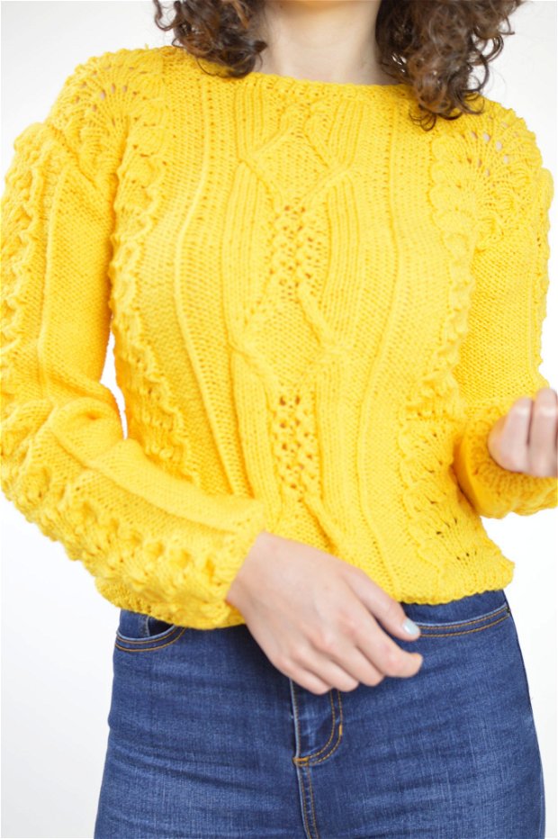 Pulover tricotat manual galben floarea-soarelui