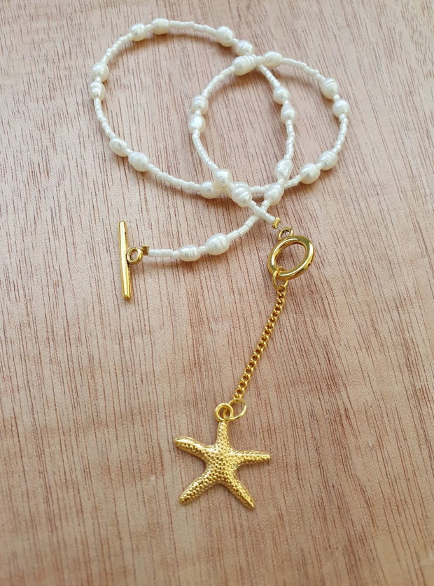 Colier Y cu perle naturale de cultura, Bijuterie de vara cu stea de mare