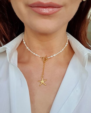 Colier Y cu perle naturale de cultura, Bijuterie de vara cu stea de mare