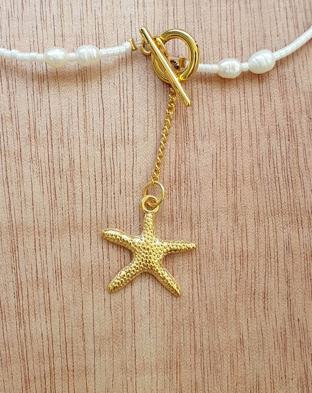 Colier Y cu perle naturale de cultura, Bijuterie de vara cu stea de mare