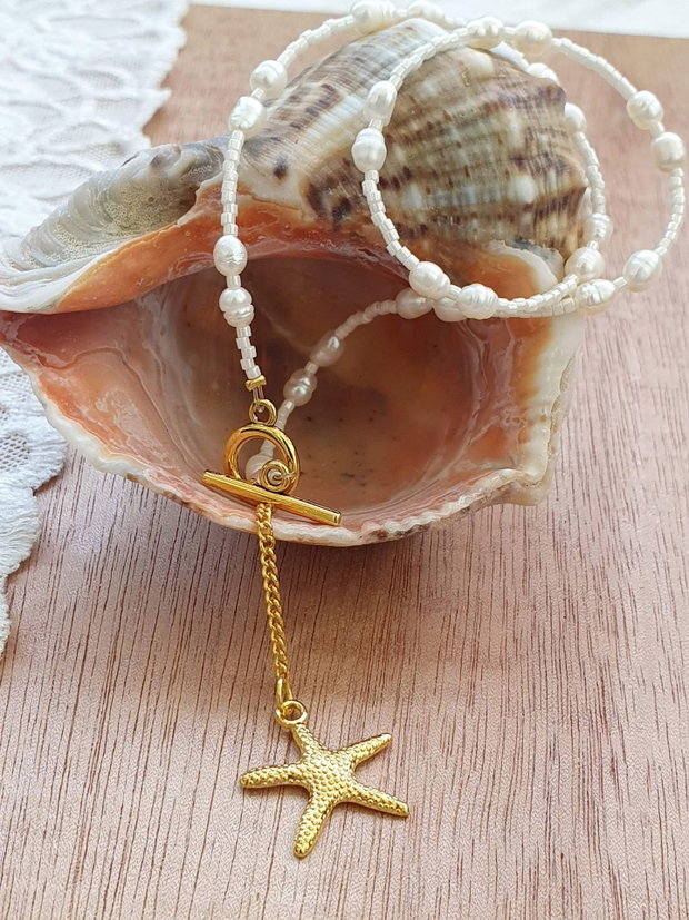Colier Y cu perle naturale de cultura, Bijuterie de vara cu stea de mare