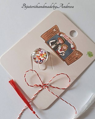 Brosa martisor cabochon sticla 14mm fluturi