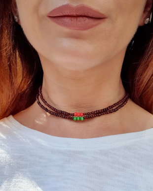Colier boho cu margele de lemn, Choker ajustabil femei