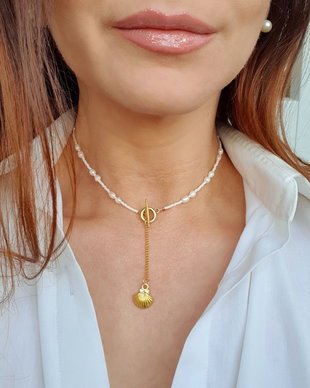 Choker de vara cu scoica, Colier Y cu perle naturale de cultura