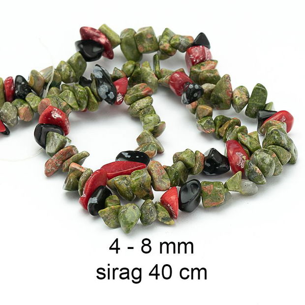 Sirag mix de Coral,  Unakit,  Obsidian, chipsuri, 4-8 mm, CH37