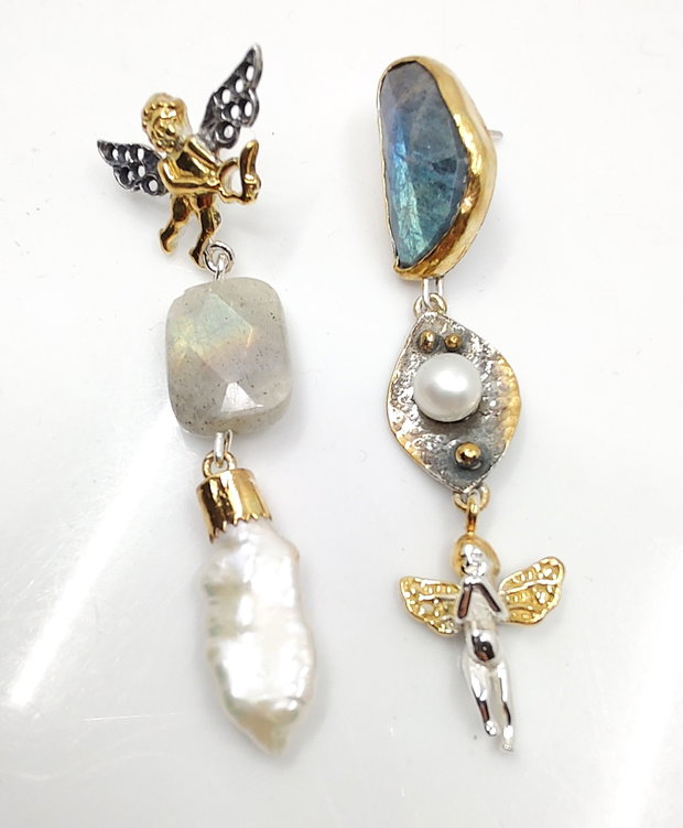 ANGELS ON YOUR SHOULDER Cercei asimetrici statement, lungi, cu pietre semipretioase