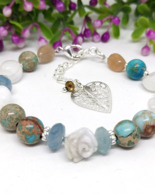 Bratara floare piatra lunii cu regalit,aquamarin