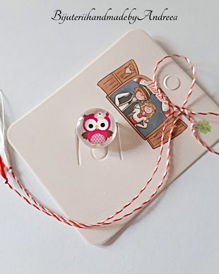 Brosa martisor cabochon sticla 16mm bufnita