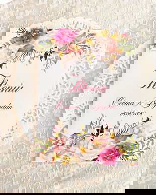 Meniu nunta floral, bujori, flori roz, trandafiri, meniu nunta, meniuri pe orice design