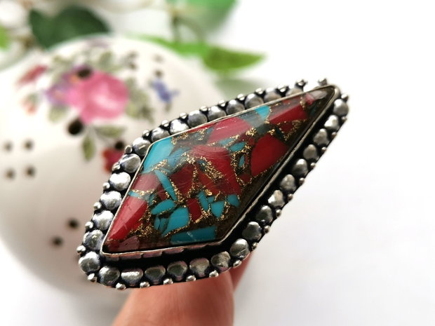 Inel copper turquoise & red coral