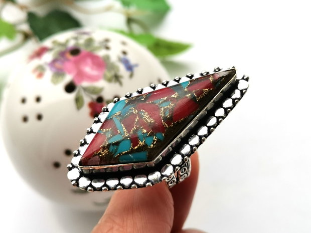 Inel copper turquoise & red coral