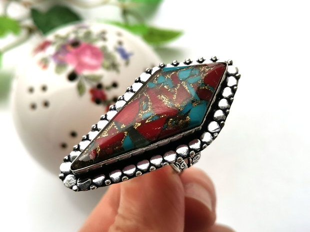 Inel copper turquoise & red coral