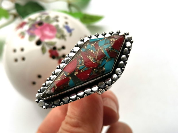 Inel copper turquoise & red coral