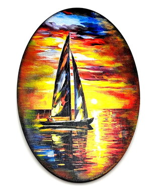 Tablou decorativ pe lemn - barca cu panze la apus - 2608