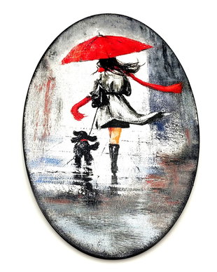 Tablou decorativ oval- fata cu fular si umbrela rosie - 2611