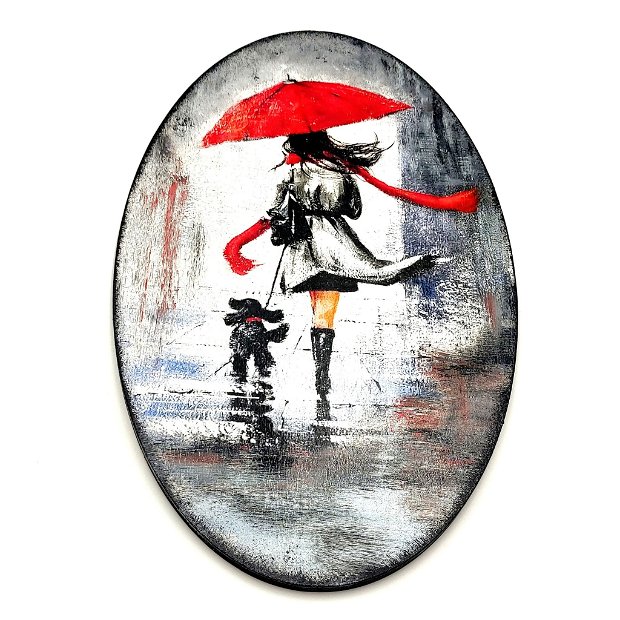 Tablou decorativ oval- fata cu fular si umbrela rosie - 2611