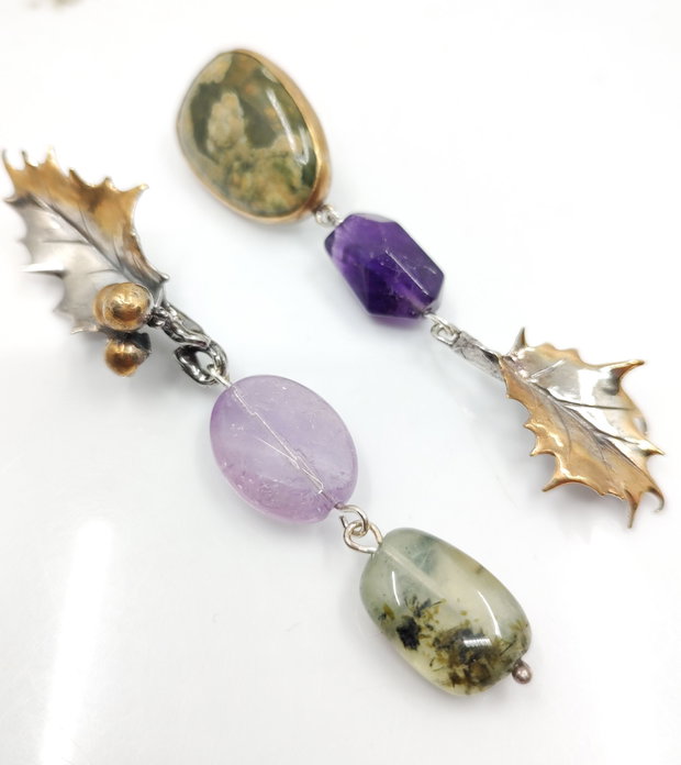 Cercei asimetrici din argint, ametist si jasp, cercei lungi argint, cercei statement, cercei handmade