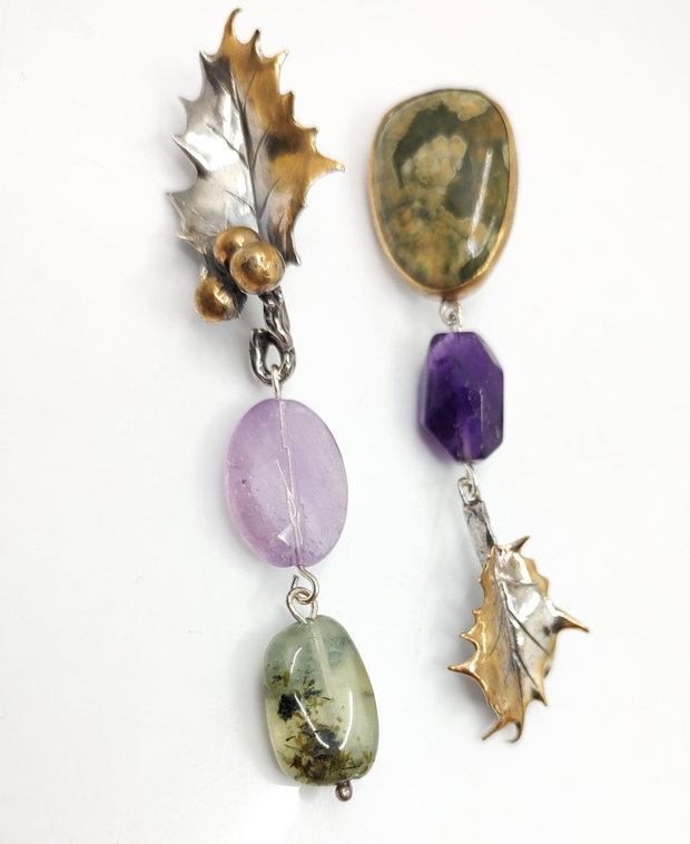 Cercei asimetrici din argint, ametist si jasp, cercei lungi argint, cercei statement, cercei handmade