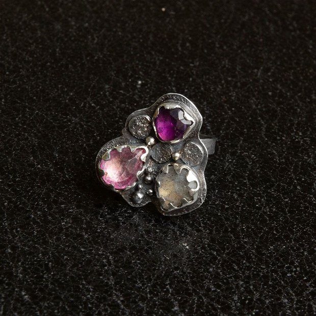Inel Argint 925, Topaz roz, Ametist si Labradorit