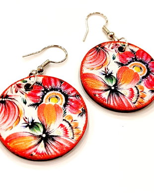 Cercei lemn motiv floral alb rosu negru - 2623